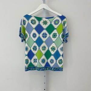 EMILIO PUCCI BLUE GREEN WHITE VISCOSE SILK TOP 8XJN35 SIZE IT 42 / US NWOTS!